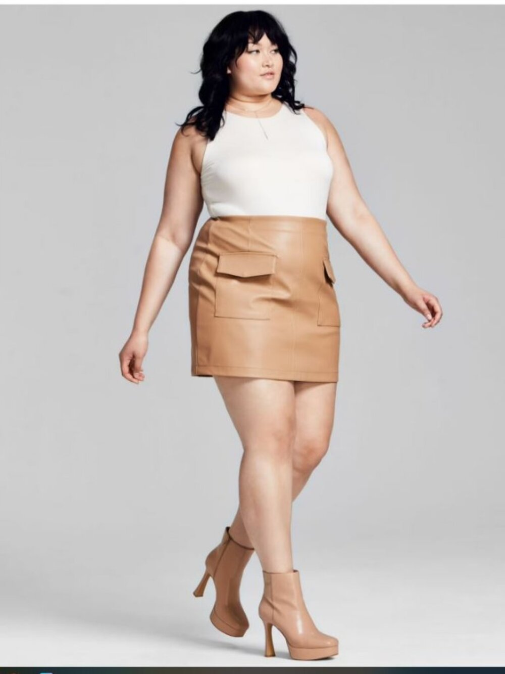 AND NOW THIS Faux Leather Cargo Mini Skirt Beige 1X 16W
